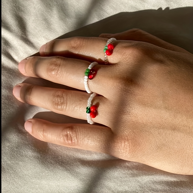 3pcs Women's Stackable Rings Cherry Beads Handwoven Round Bead Ring